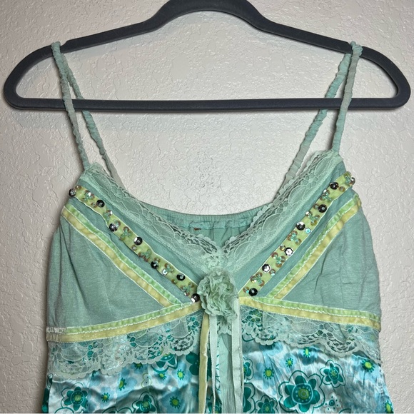 Y2K vintage silk babydoll floral lace sheer mesh velvet sequins  cami top fairy - Picture 2 of 8